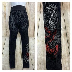 Women‎ Sheer Velvet Burn Out Leggings XS Black Dragon Embroidery Goth Emo Punk